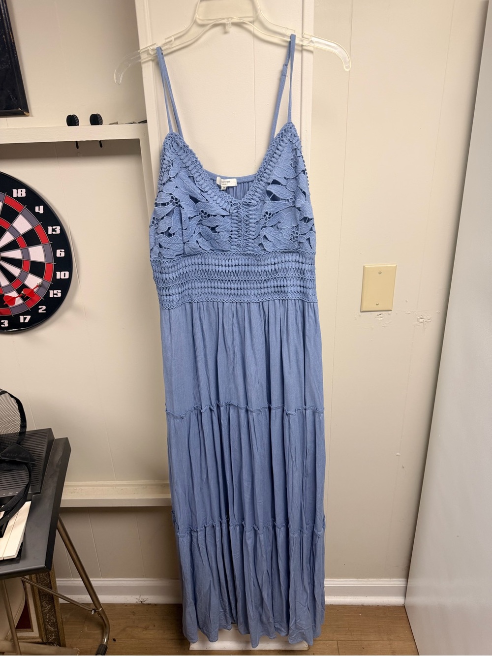 Crochet Bodice Light Blue Maxi Dress with Spaghetti Straps